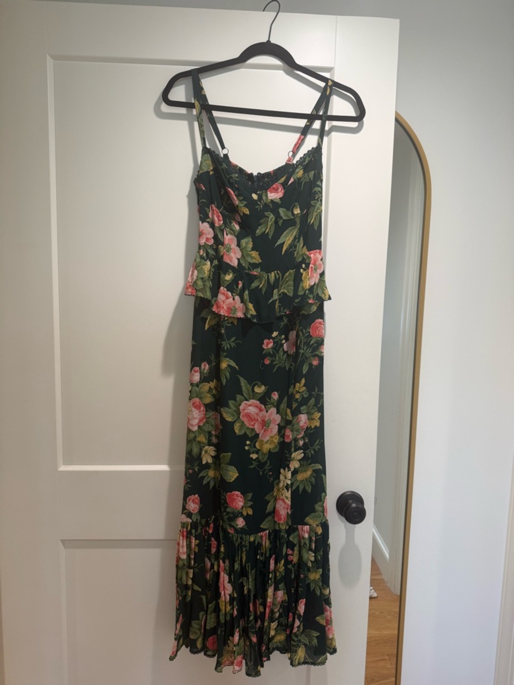 Reformation Dark Green Maxi Dress with Pink Floral Print